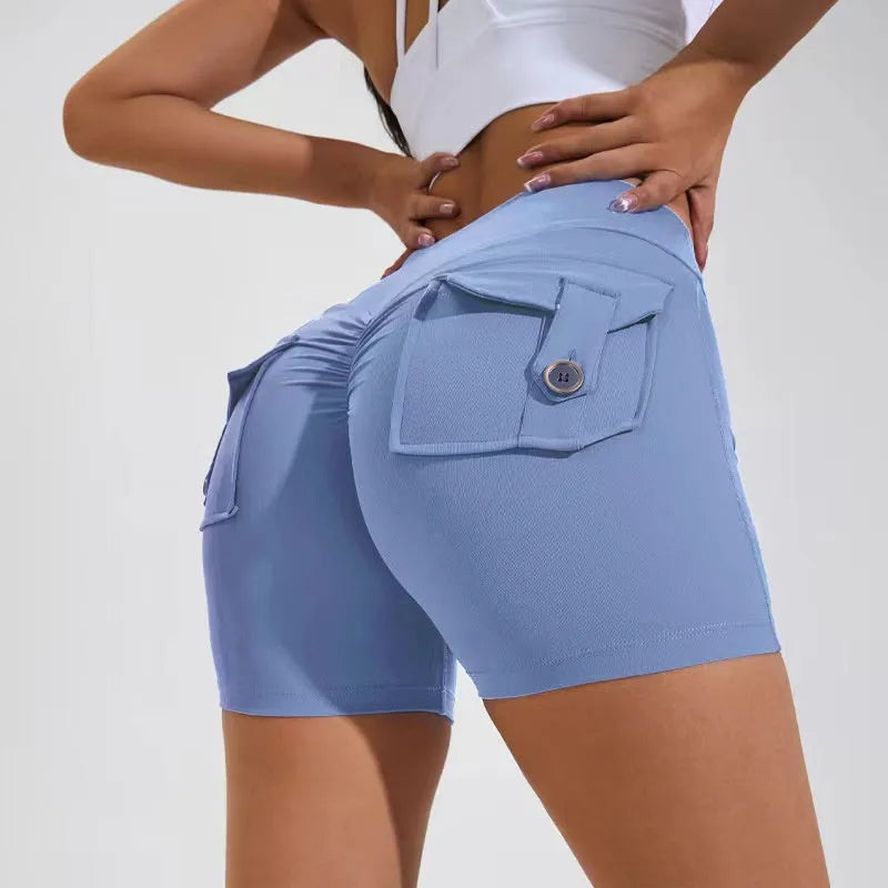 Women's high waist fitness shorts with side pockets in quick-dry nylon fabric