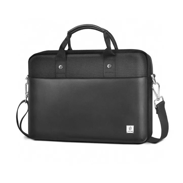 Black Oxford cloth laptop backpack showing multi-pocket interior and a lock on the front.