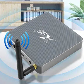 Smart Voice Android TV set-top box with remote control and HDMI cable.