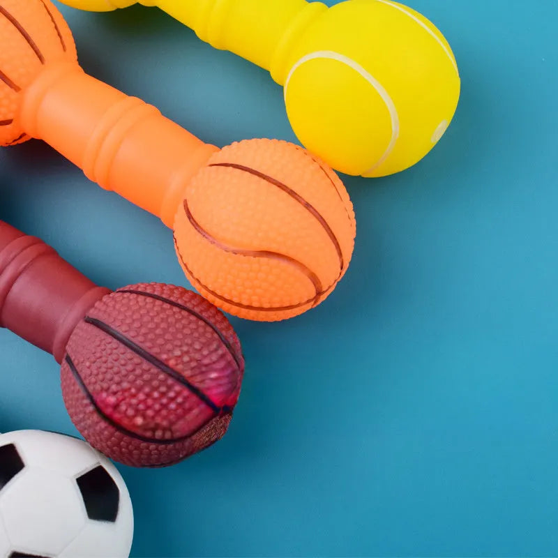 PVC football dumbbell shaped dog chew toy with squeaker in assorted colours