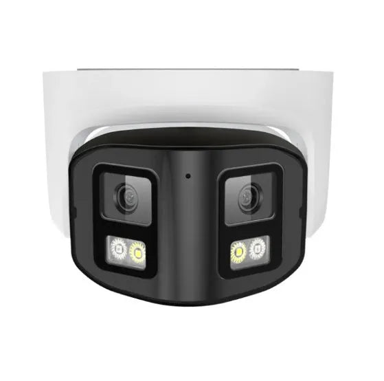 4MP dual lens IP security camera with IP66 weatherproof housing measuring 124x72x201 mm