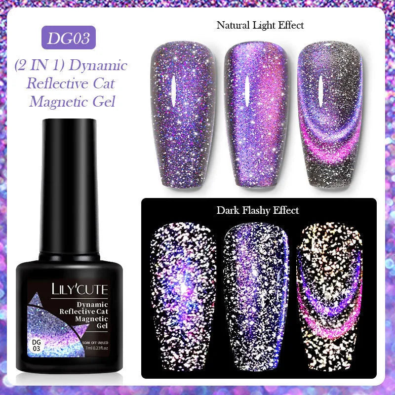 Cat eye effect nail polish gel bottle with diamond glitter in one of six colour styles