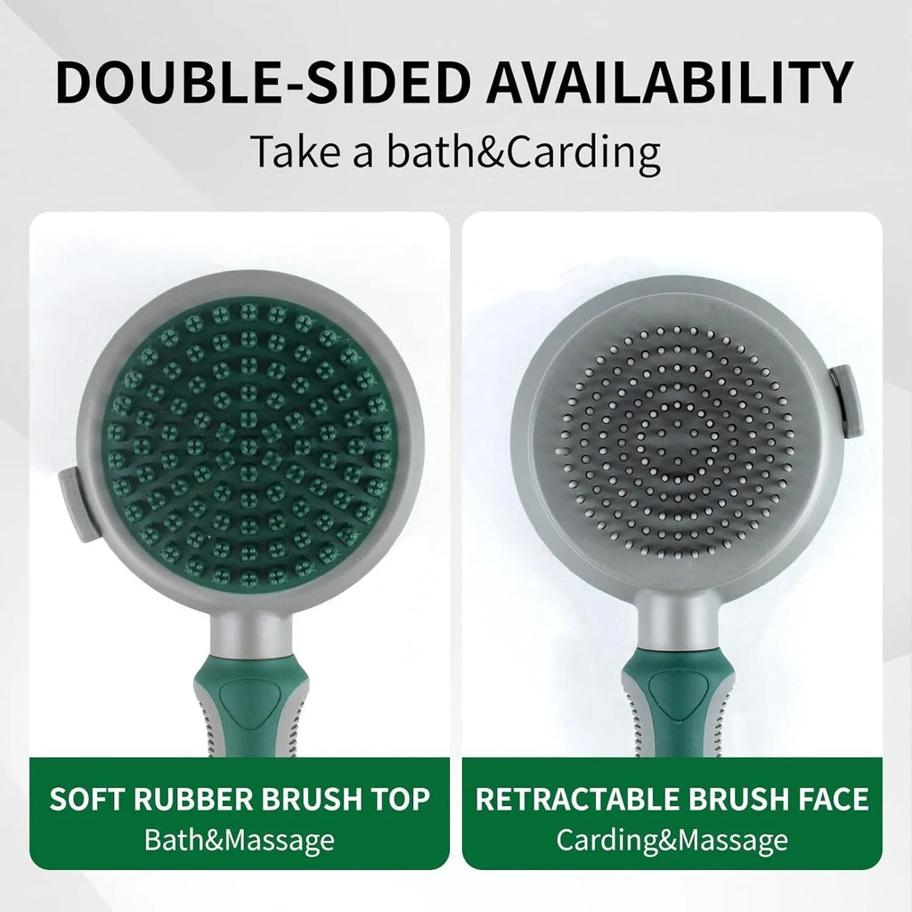 Two-sided silicone cat hair brush showing retractable slicker brush and octopus-teethed massager sides on green background