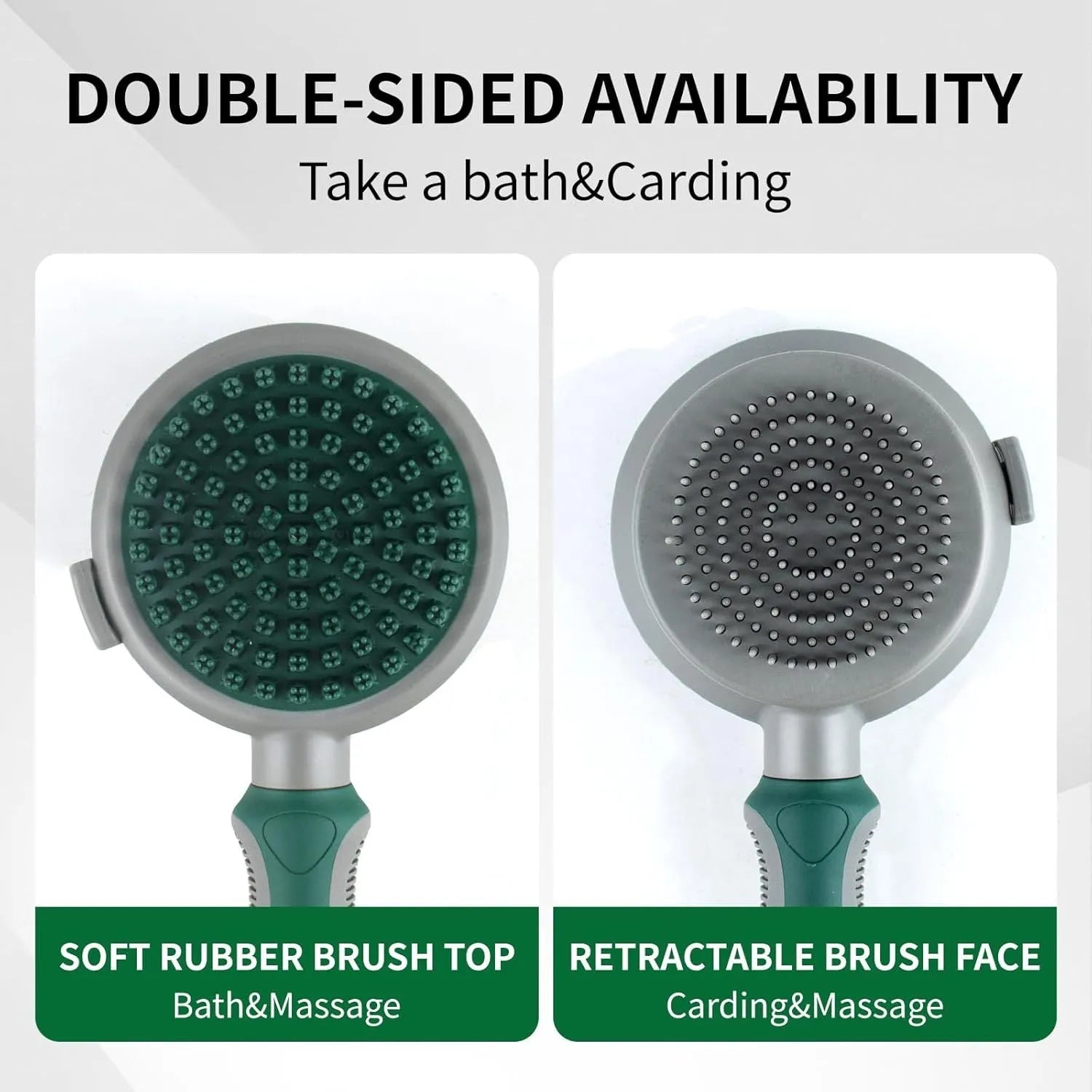 Two-sided silicone cat hair brush showing retractable slicker brush and octopus-teethed massager sides on green background