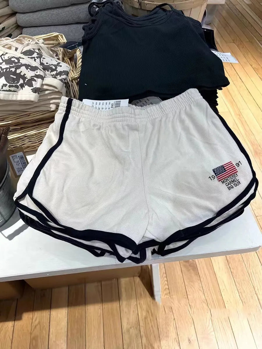 Dark blue cotton women's high-top sports shorts with white flag embroidery