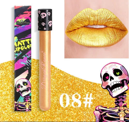Halloween skull test tube containing matte gold or silver lip gloss for creative makeup.