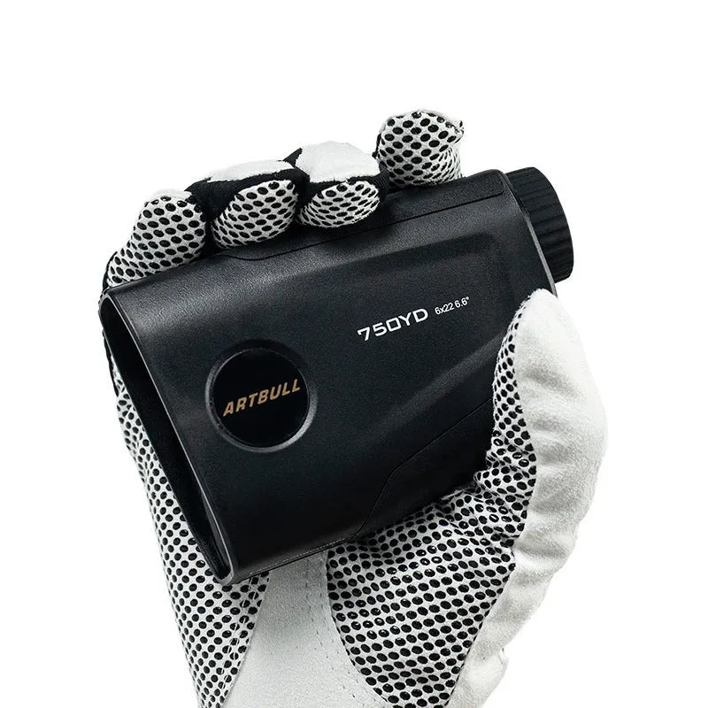 Golf laser rangefinder with LCD display showing distance measurement and slope compensation indicator