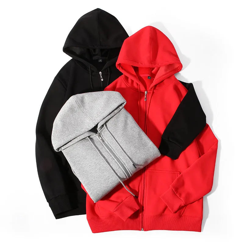 Men's plus size heavyweight zipper hooded sweater cardigan in beige colour showing front zipper and hood