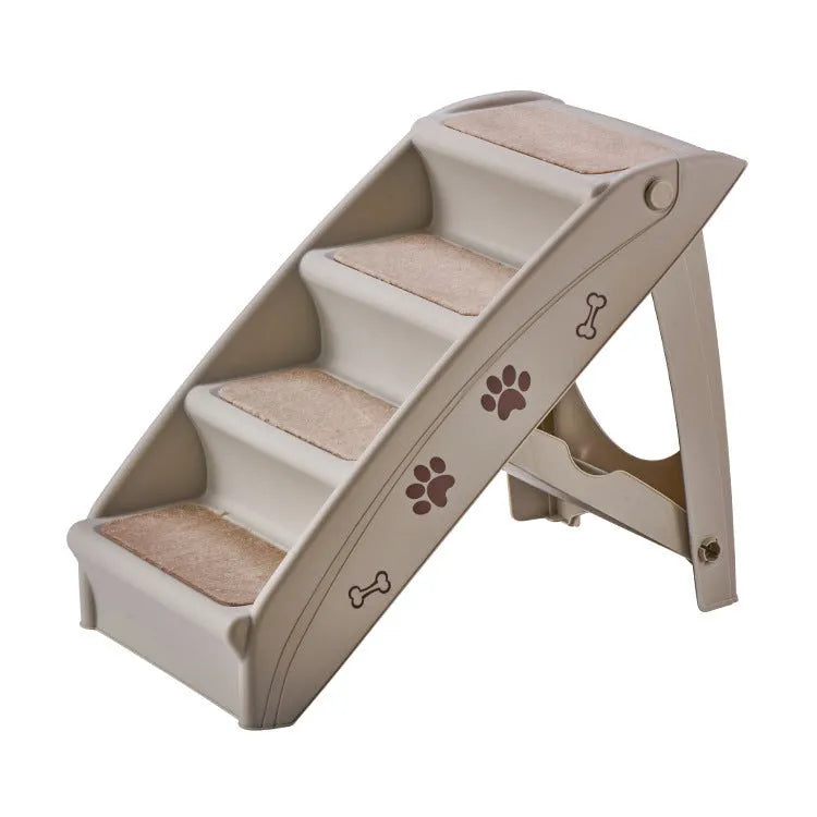 Foldable plastic pet ladder for small dogs and cats on a floor next to a sofa.