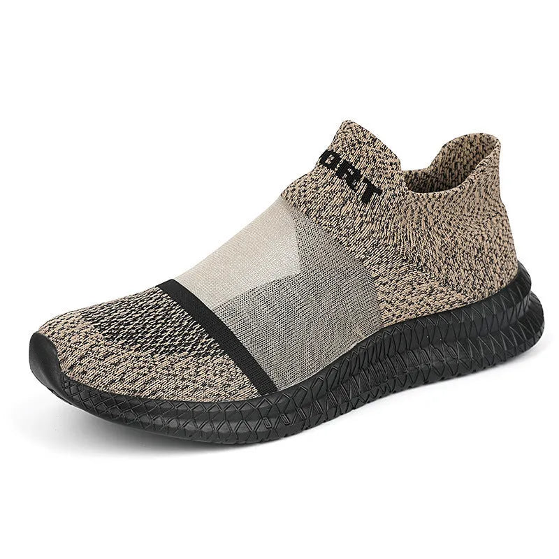 Flyknit woven sports sock shoes in khaki colour with lace fastening and breathable hollow construction