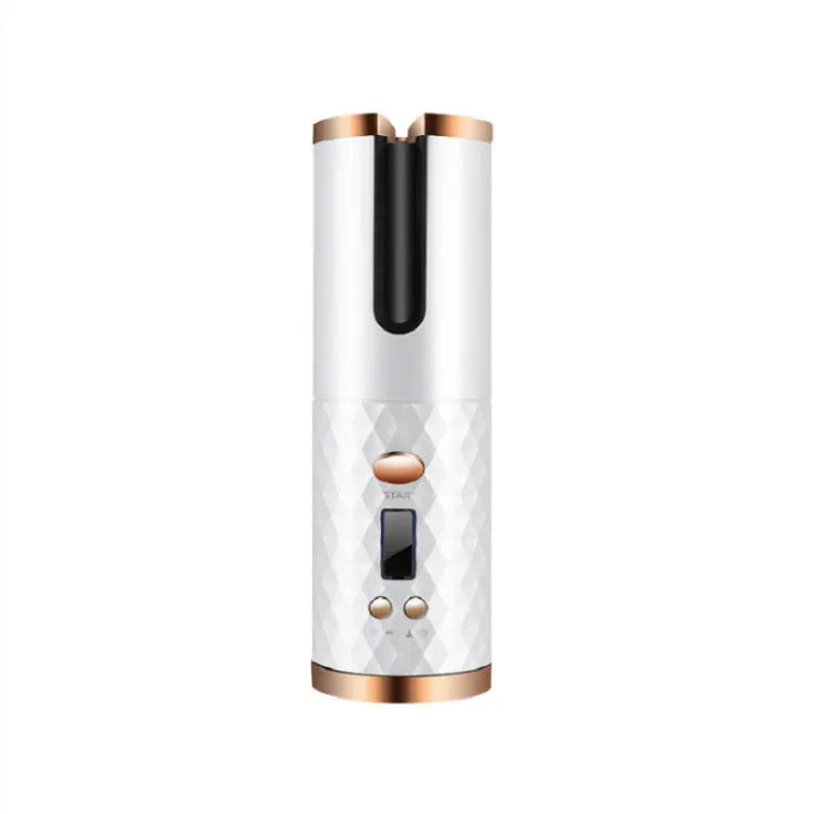 Portable USB charging mini curling iron with gold ceramic barrel in white, pink, or grey colours