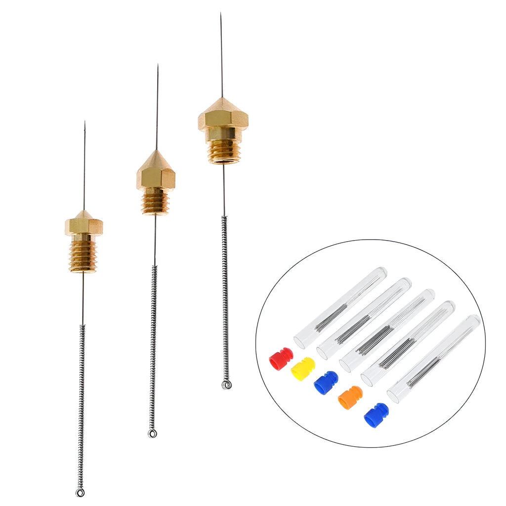 MK8 E3D 3D printer nozzle cleaning needles, ten pieces in a box, shown next to a nozzle.