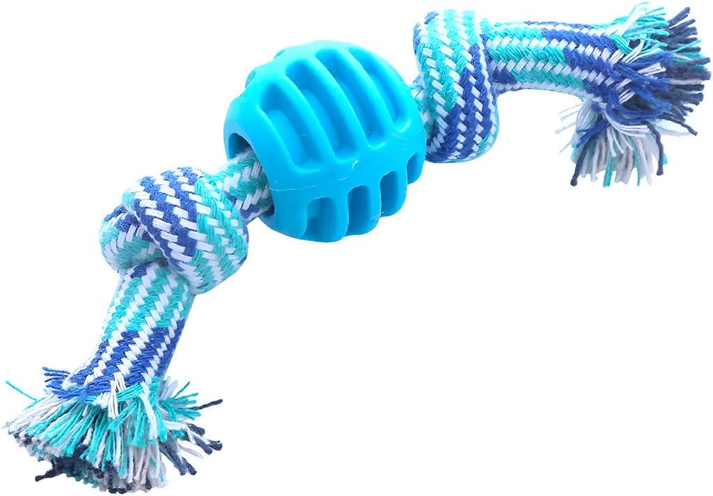 Blue silicone molar-ball dog chew toy with white rope ends on a wooden floor.