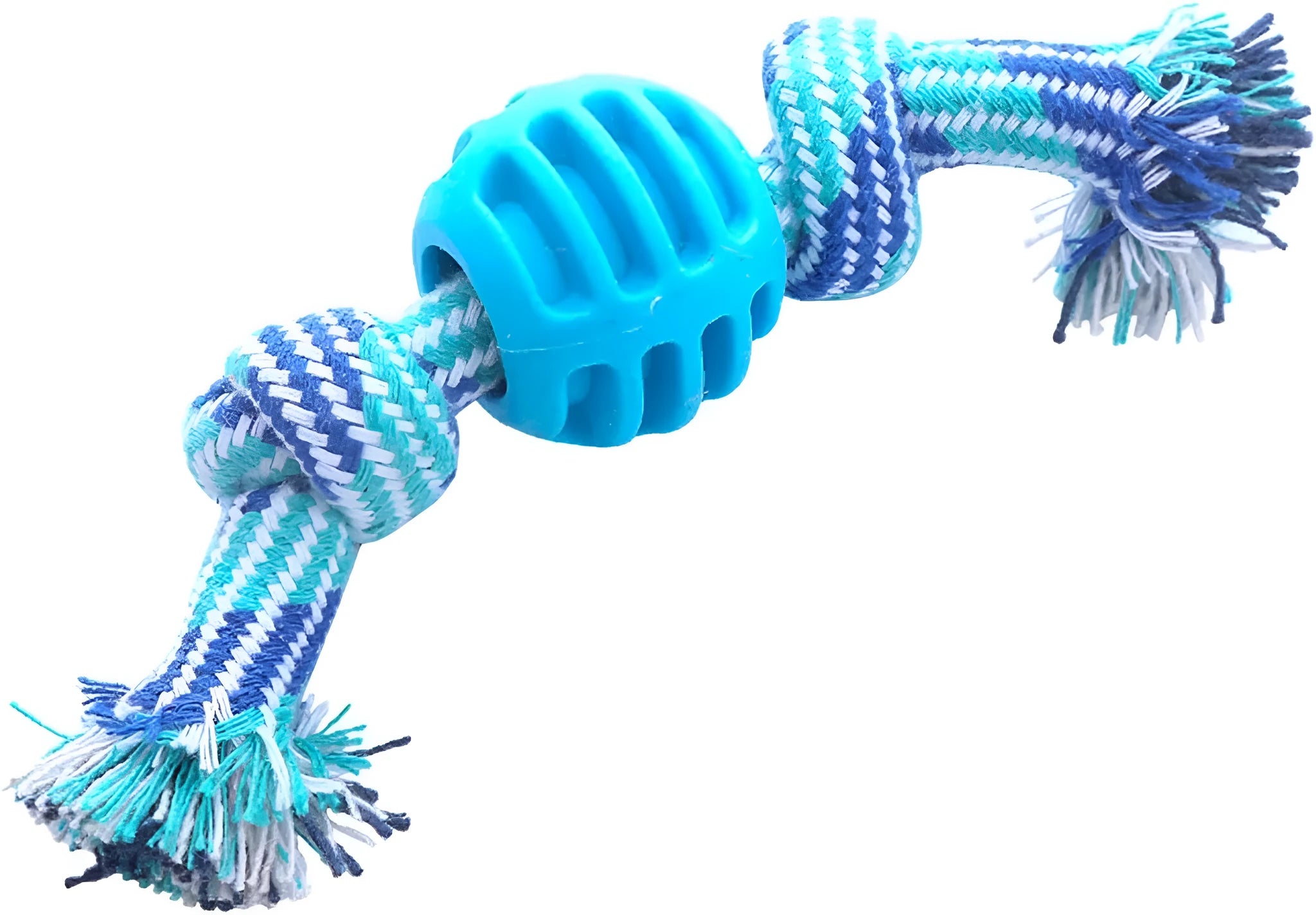 Blue silicone molar-ball dog chew toy with white rope ends on a wooden floor.