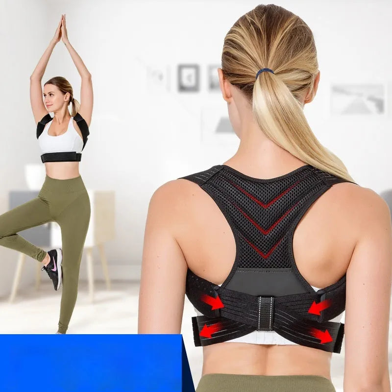 Black adjustable anti-humpback posture correction belt worn on torso