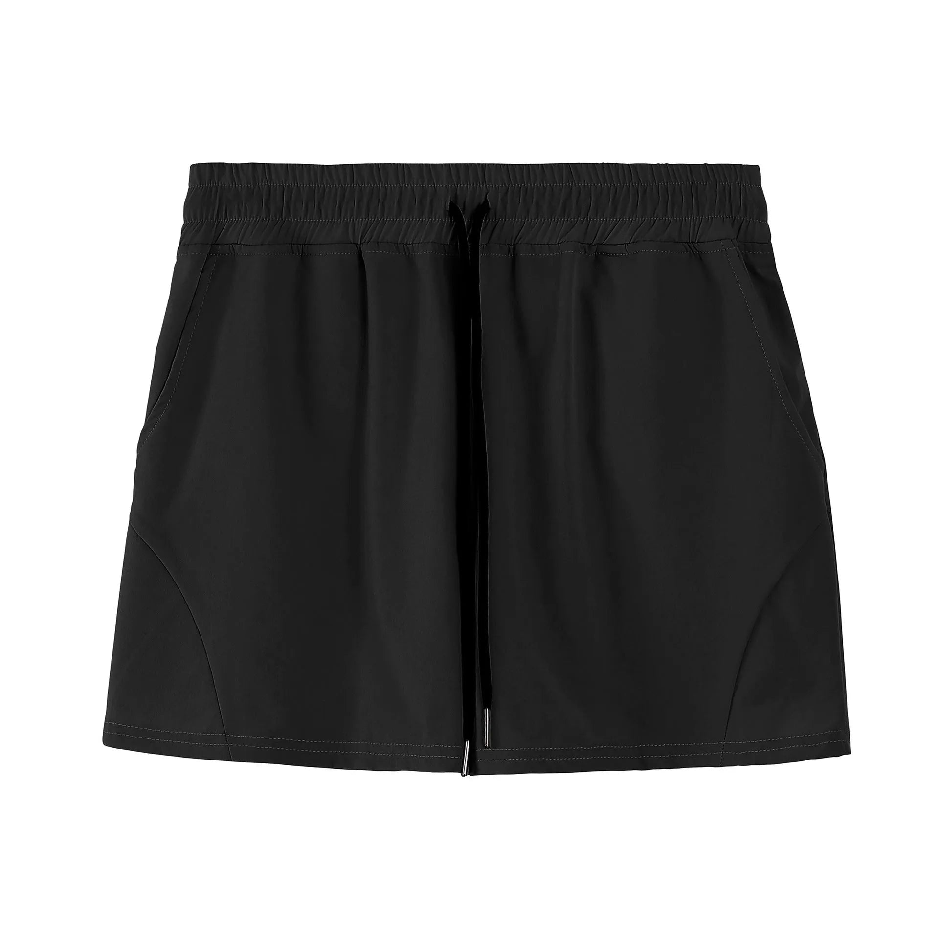 Men's thin grey polyester basketball shorts with elastic waistband, shown flat.
