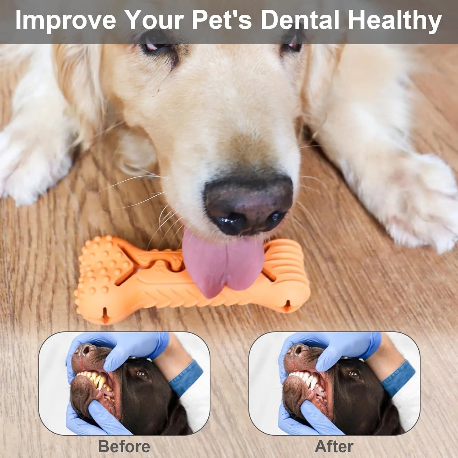 Blue natural rubber bone-shaped dog chew toy with textured surface and puzzle holes.