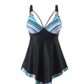 Plus size green polyester two-piece bikini swimsuit on a mannequin