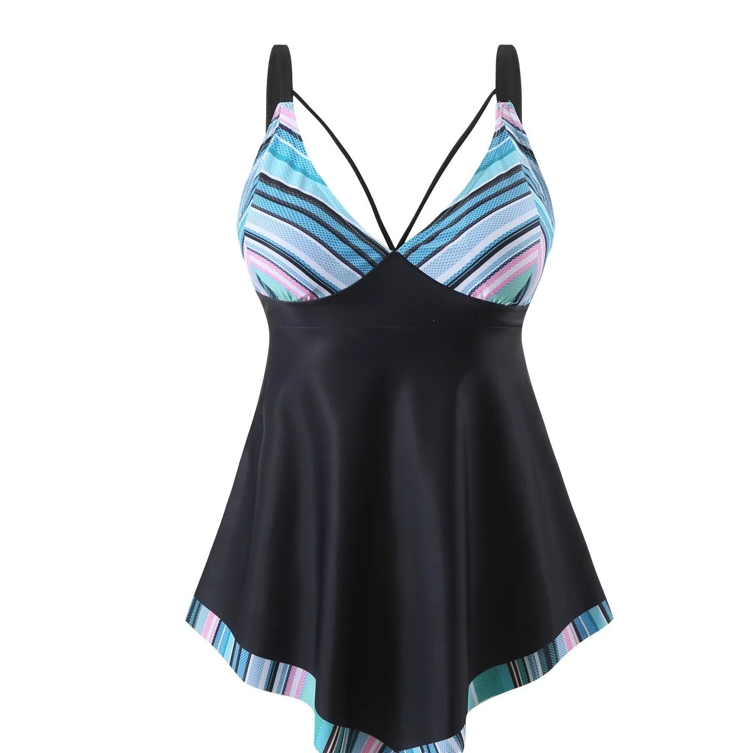 Plus size green polyester two-piece bikini swimsuit on a mannequin