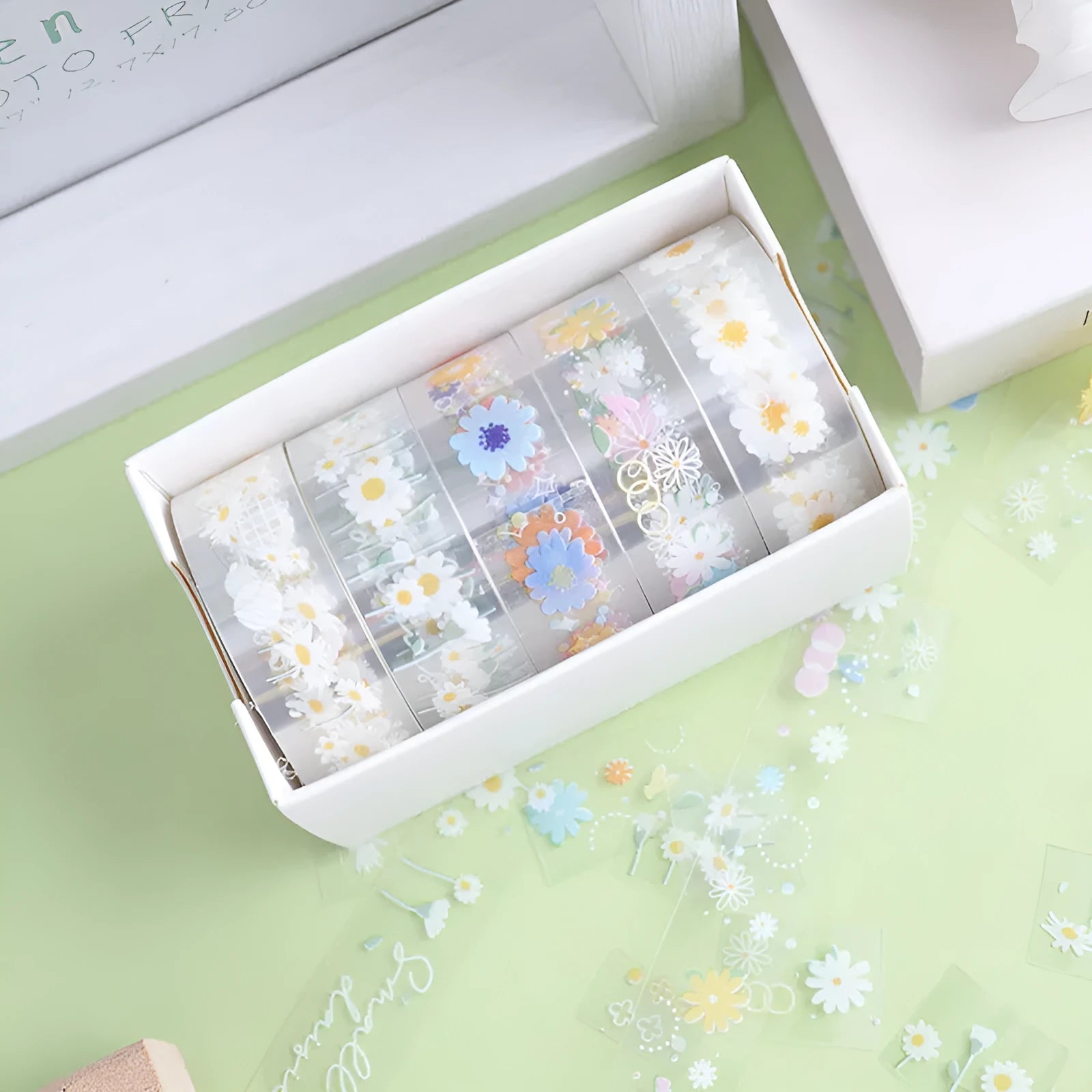 Five rolls of 1.5cm wide transparent adhesive tape in Midsummer Daisy colour for diary decoration