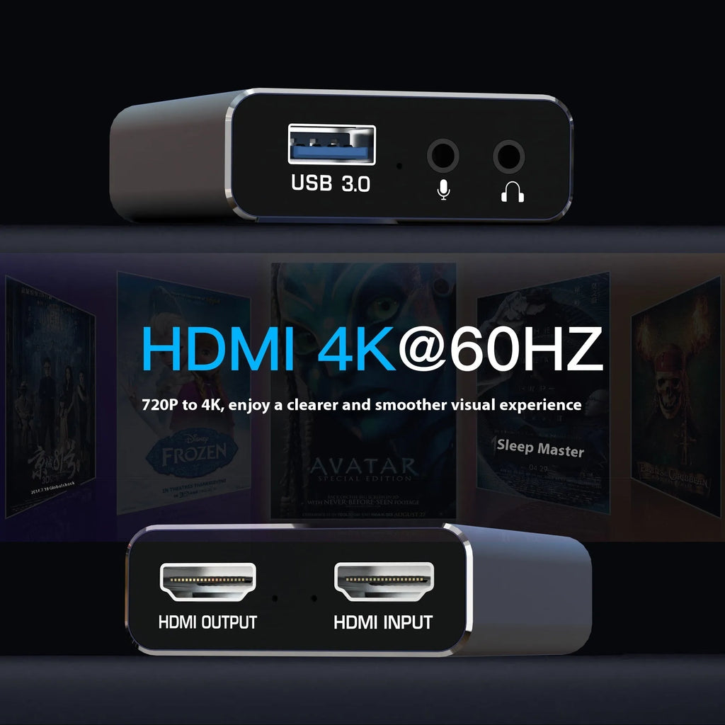 Black 4K gaming set-top box with audio recording capability and MS2131 chip