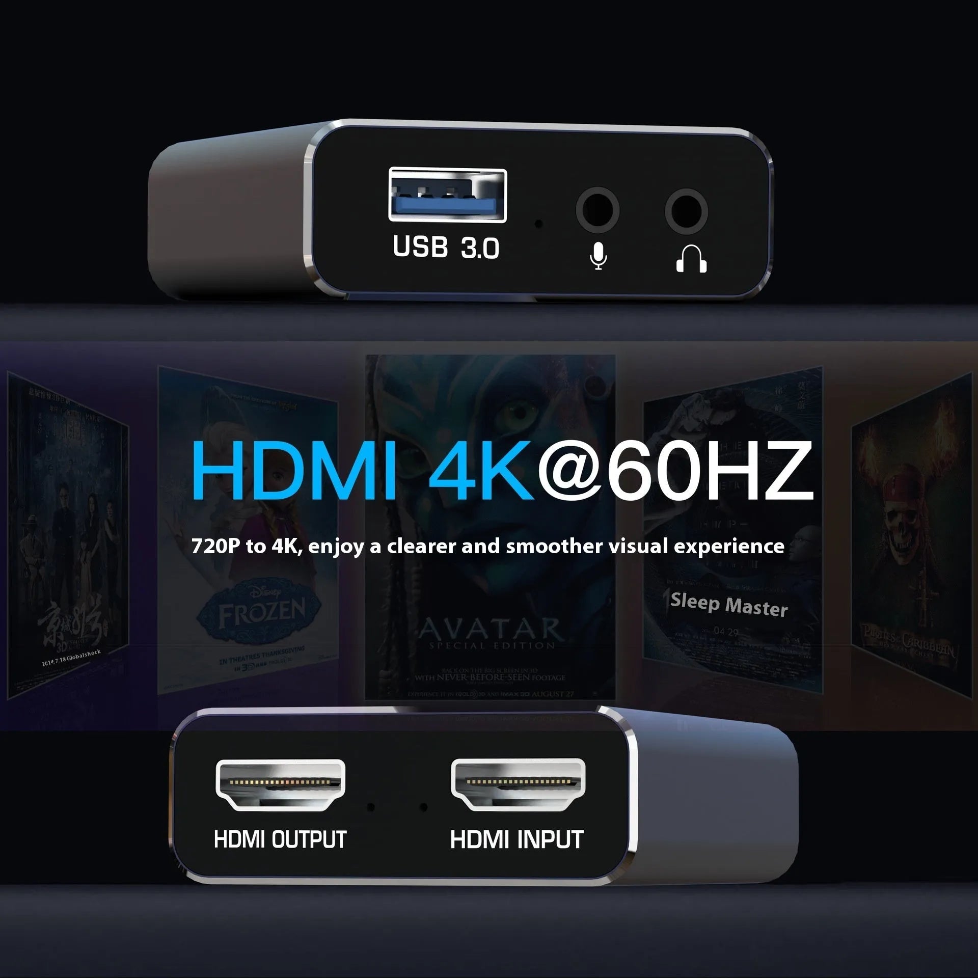 Black 4K gaming set-top box with audio recording capability and MS2131 chip