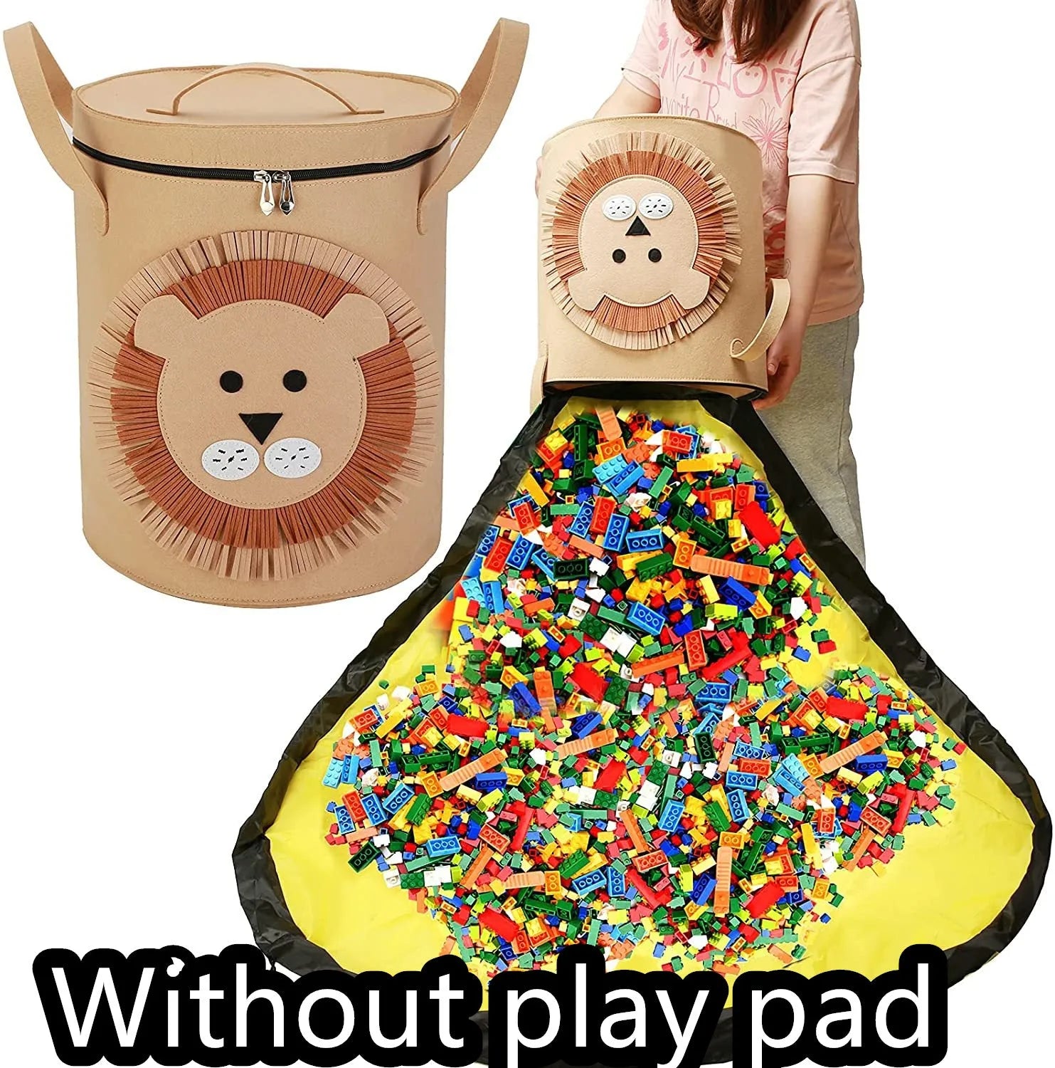 Green cube-shaped felt storage bag with a pull rope, shown as a toy organiser and play mat.