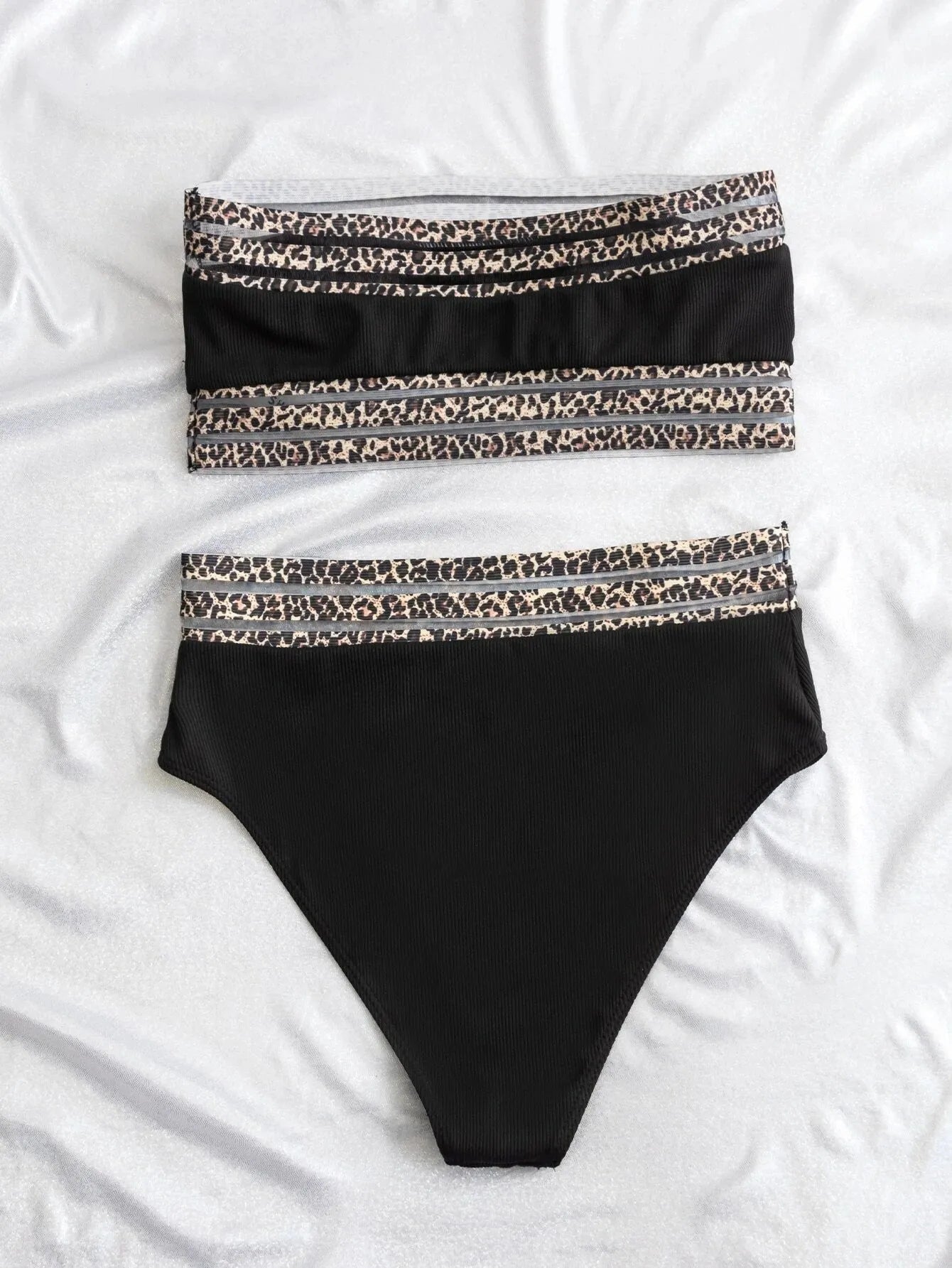 Black leopard print strapless swimsuit top and briefs set