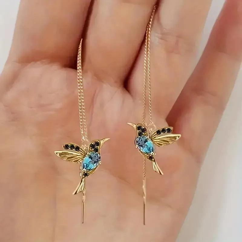 Bird hanging long drop earrings with mixed zirconium wings in alloy material