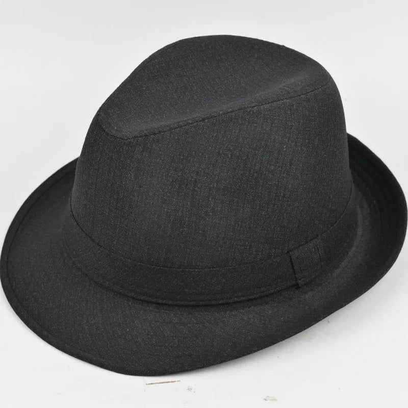 Men's thickened suit material fedora hat shown in multiple colours including black, navy blue, and hemp beige