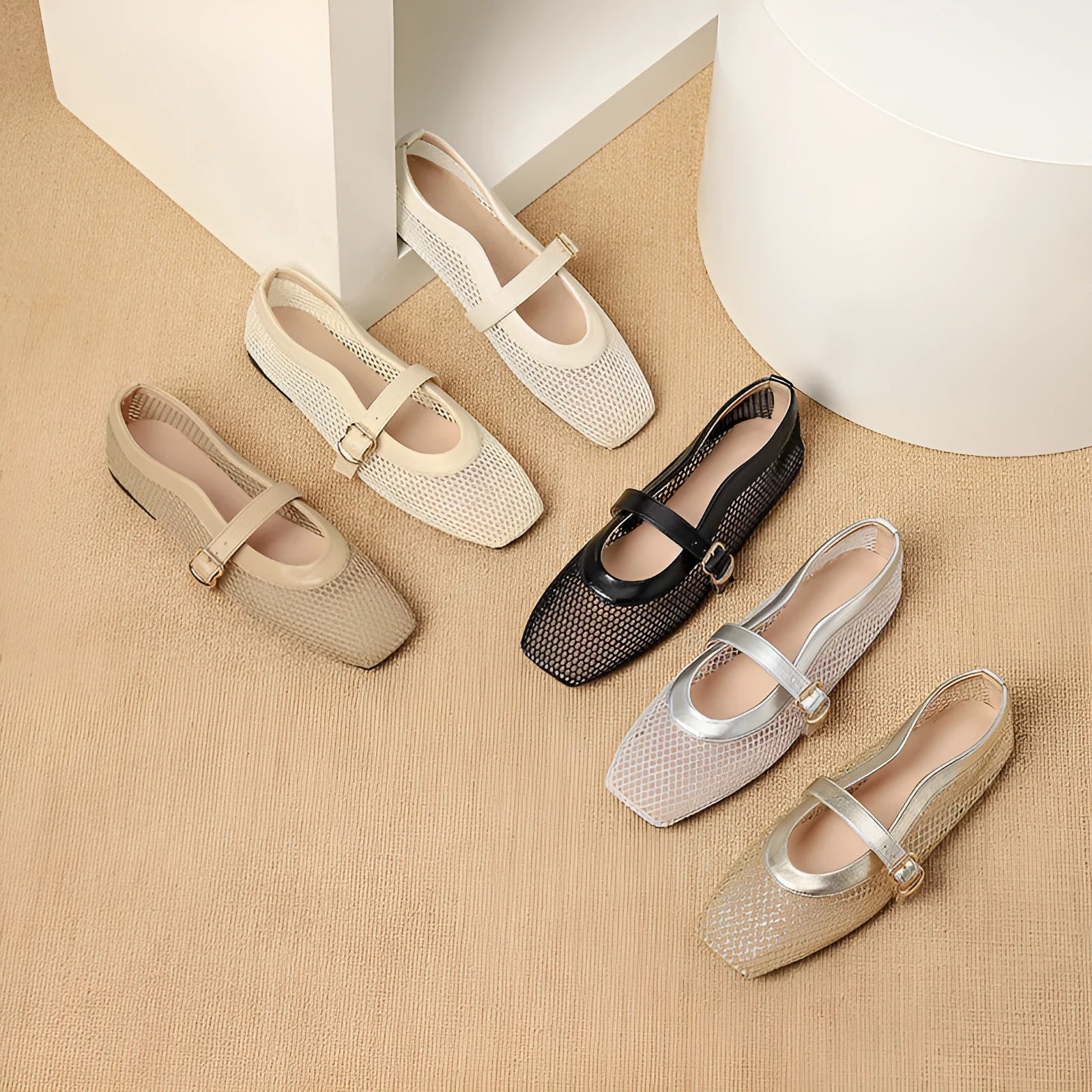 Women's beige mesh summer pumps with a square toe and silver buckle closure on a flat beef tendon sole.