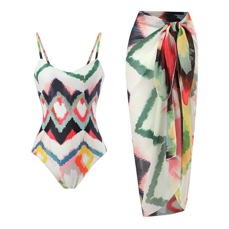 Women’s striped two-piece swimsuit with matching hip skirt in quick-dry polyester fabric