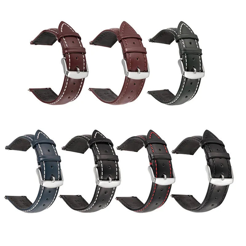 Quick release watch strap in bright cowhide leather showing colour options and width measurements