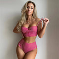Women's high-waist plaid bikini swimsuit in rose red with separate top and briefs