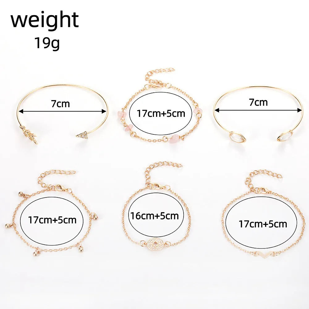 Gold-coloured six-piece zinc alloy bracelet set with water drop, V-shaped, arrow, drill and spot designs