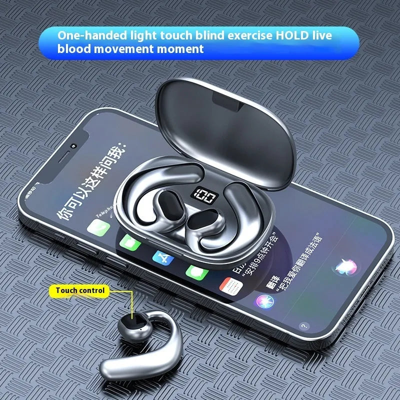 Black and white ear-mounted Bluetooth headset with digital display screen and breathing light indicator