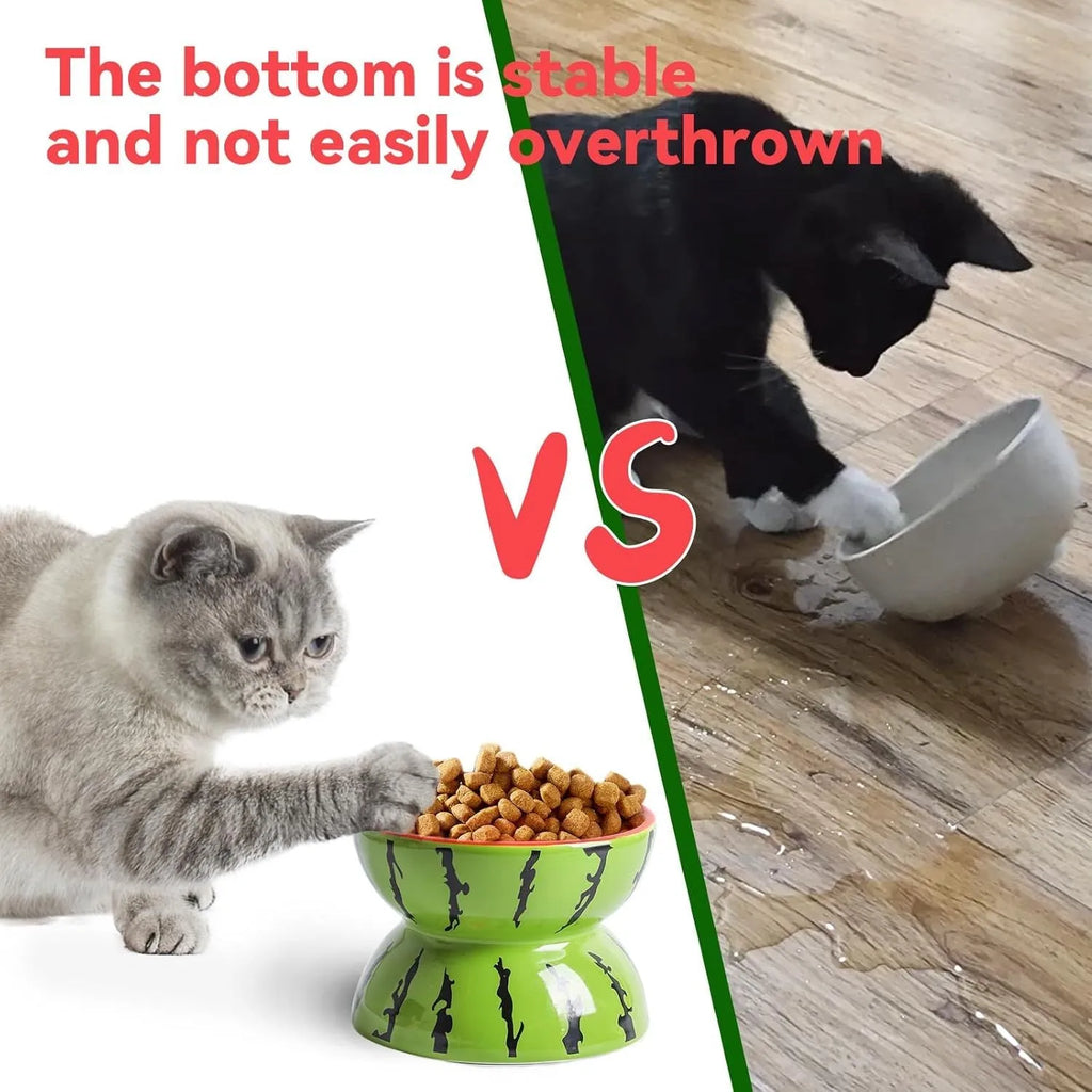 Ceramic raised cat bowl in orange pattern, showing tilted wide-rim design on elevated stand.