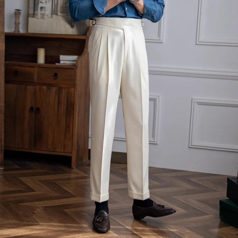 Men's high waist straight leg casual trousers in polyester fabric shown in black, brown, khaki, or white.