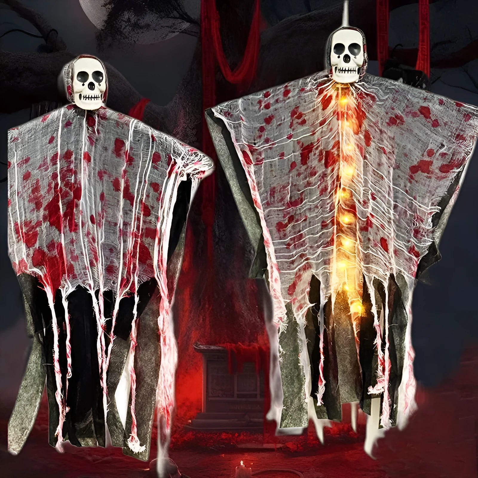 Plastic Halloween decoration of a luminous blood-dyed skull hanging ghost with string