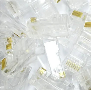 White network modular plug with gold-plated three-fork contacts and unshielded crystal head design