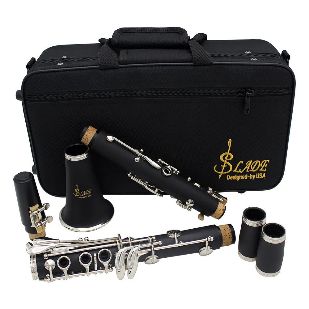 Black Bakelite clarinet with nickel keys and protective carry bag for beginner students