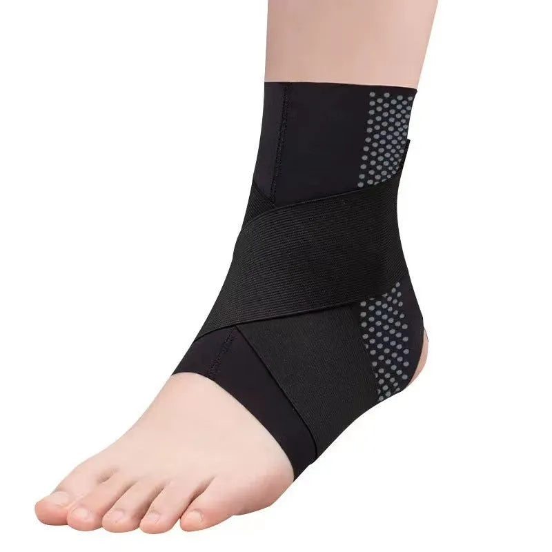 Black Lycra ankle support brace shown wrapped around an adult ankle