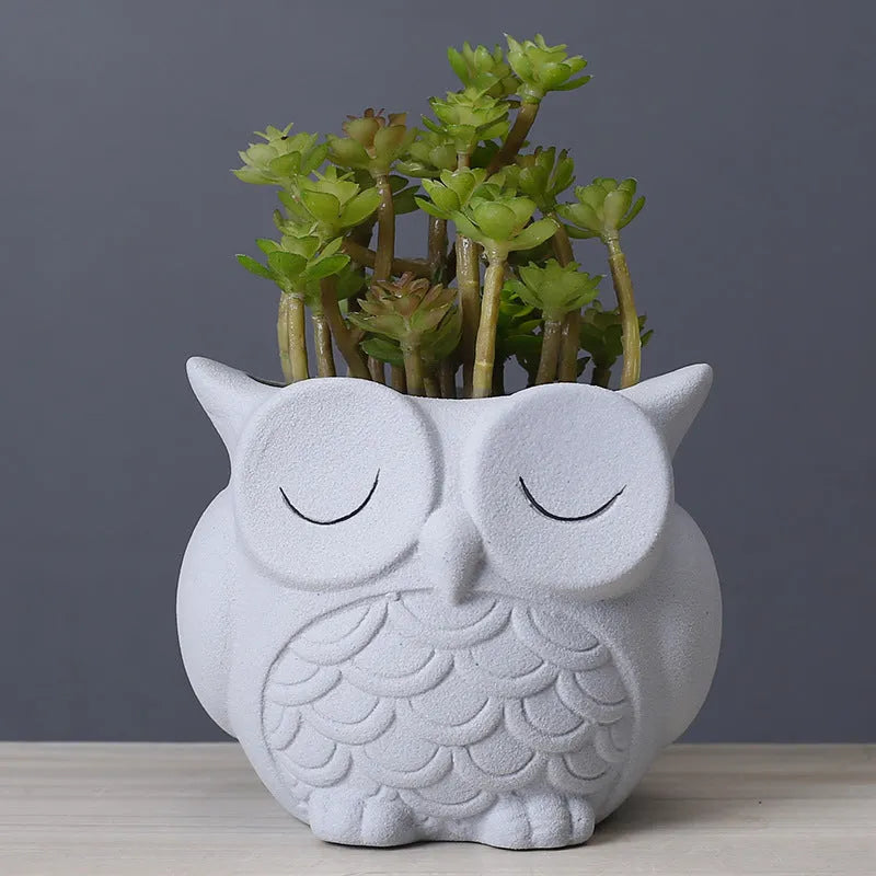 Handmade ceramic owl succulent pot with frosted finish in light pink colour