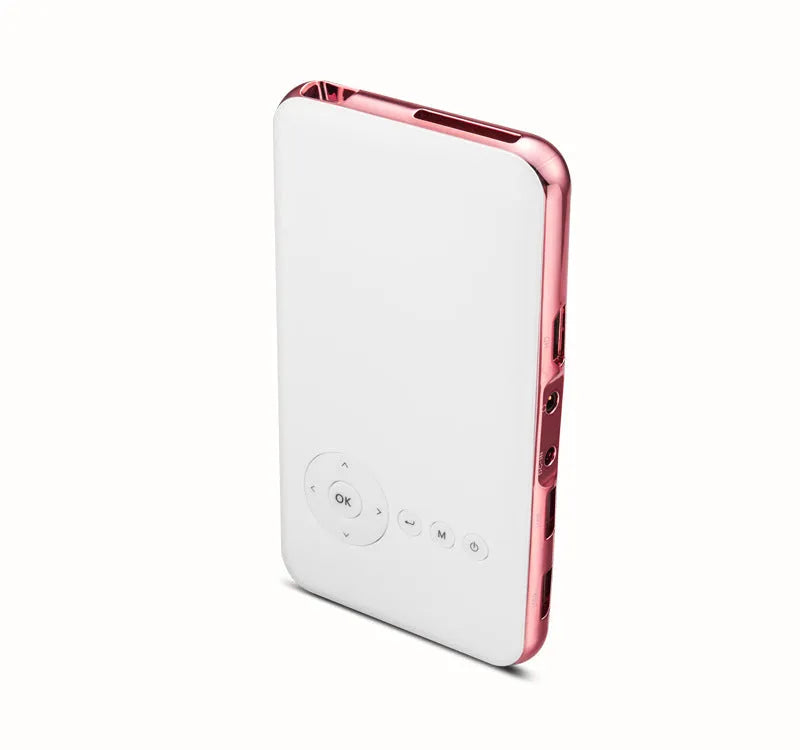 White Rose Gold M6S miniature portable DLP Android projector showing compact size and design.