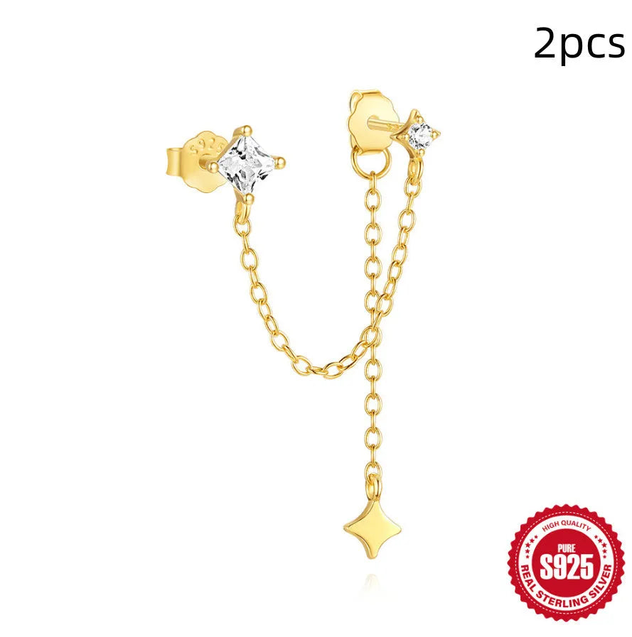 Sterling silver chain stud earrings with zircon inlay in geometric shapes including clover and crown designs