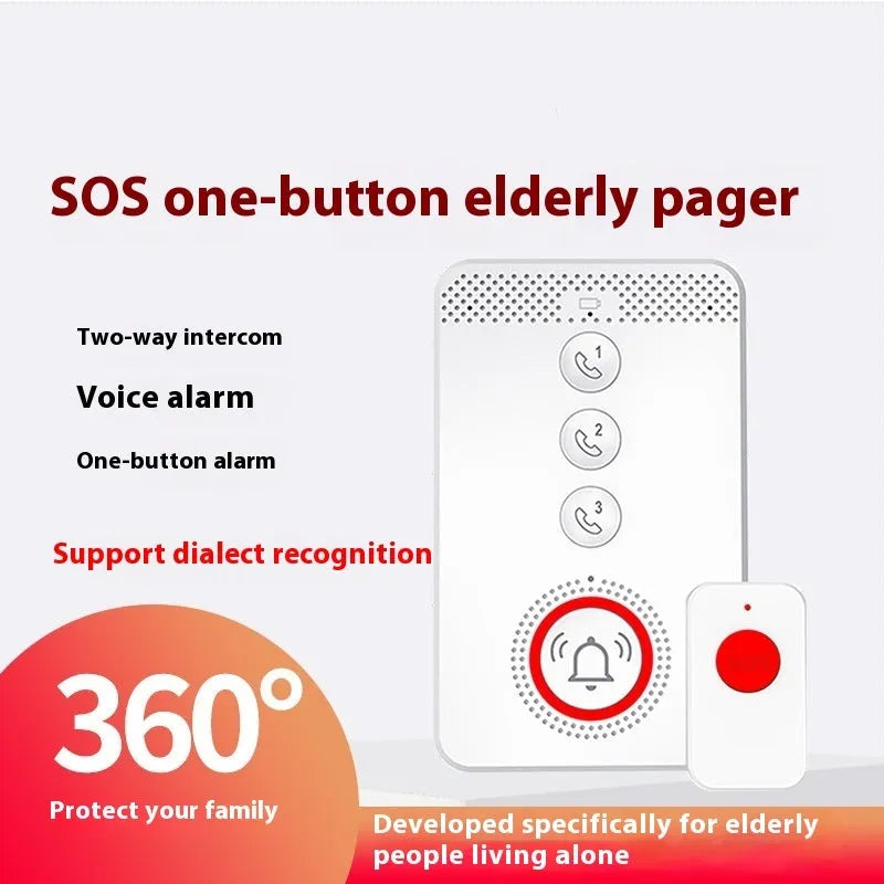 White wireless emergency alert device with buzzer unit and three emergency call buttons for elderly safety