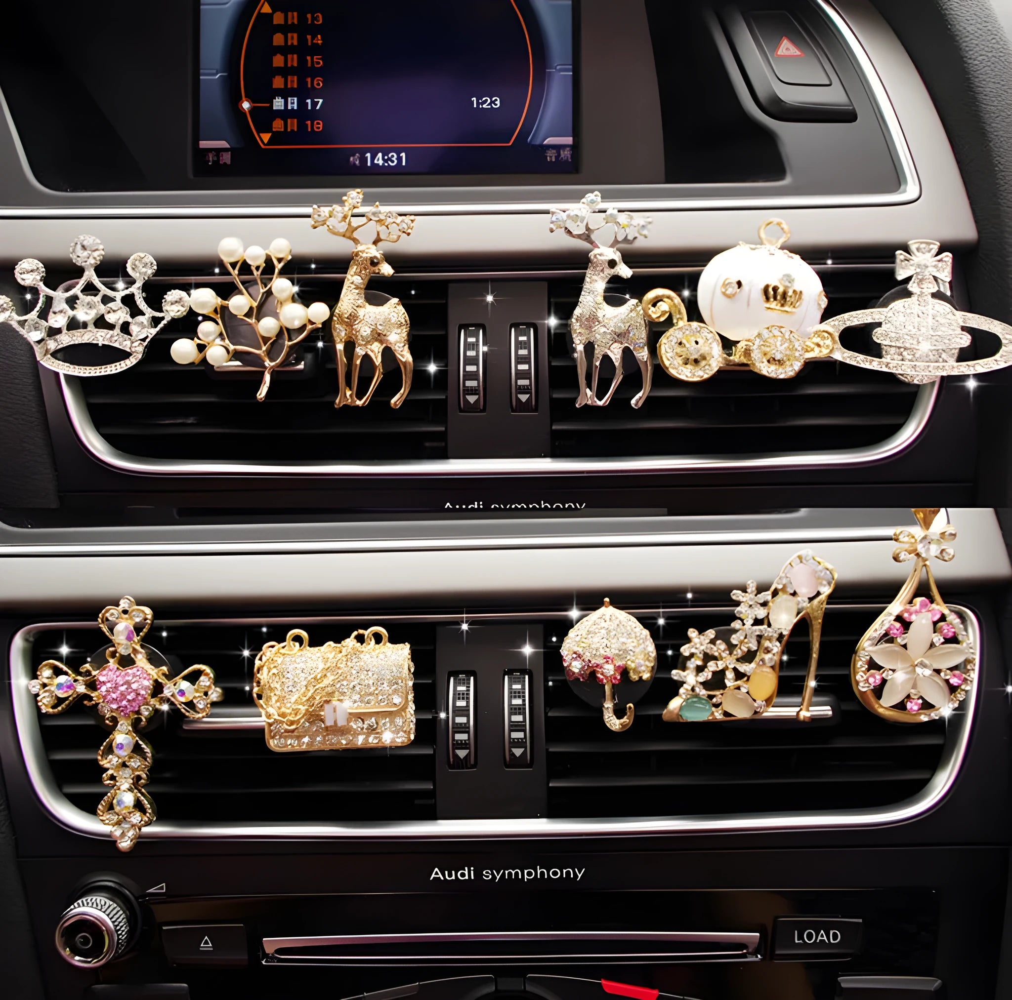 Alloy car fragrance clip with liquid perfume for air vent attachment in decorative designs