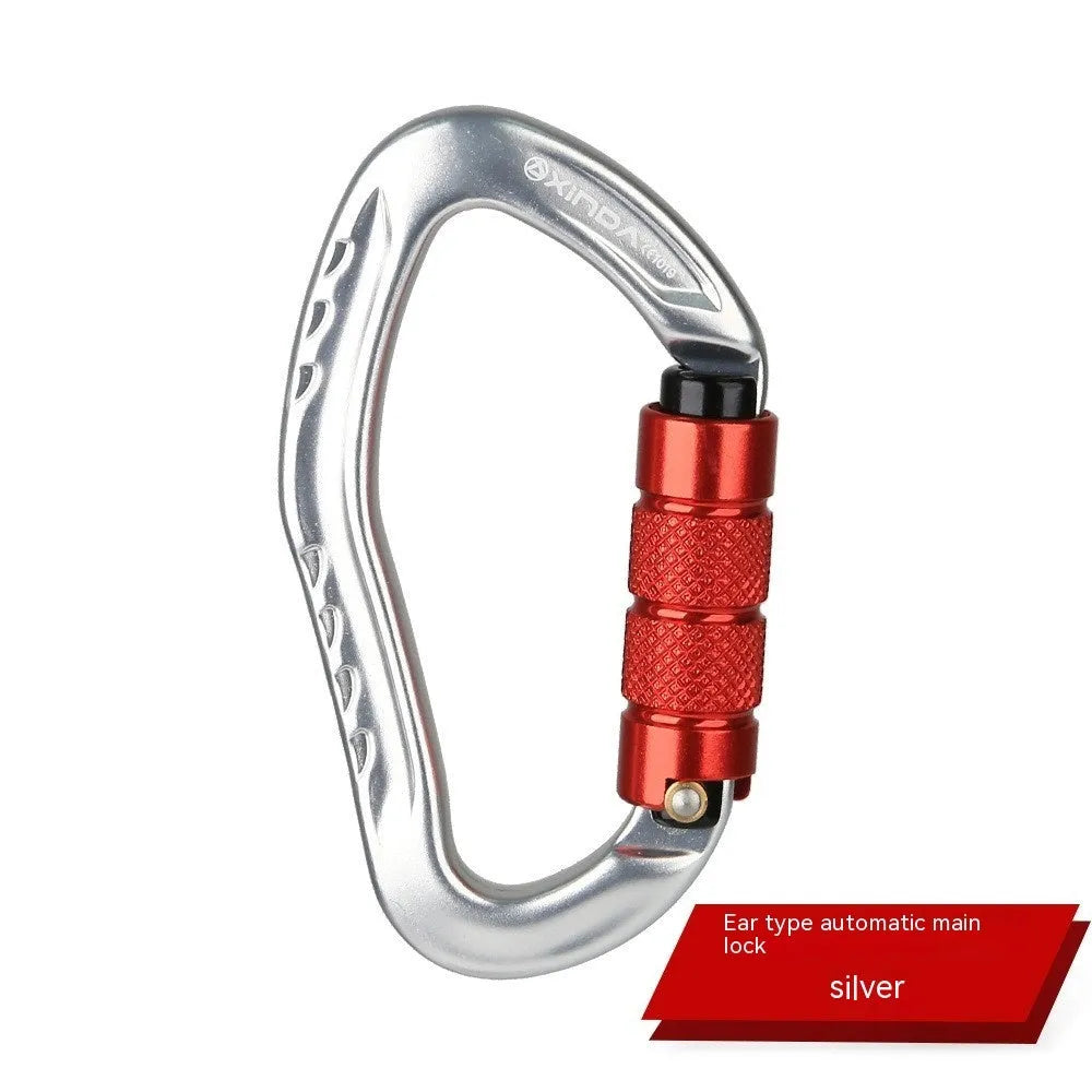 Automatic master lock climbing carabiner in black, blue, orange, red, and silver colours.