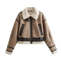 Women's loose long sleeve lamb wool splicing coat in khaki, PU fabric with zipper front