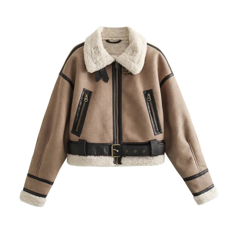 Women's loose long sleeve lamb wool splicing coat in khaki, PU fabric with zipper front